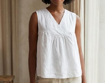 Linen Simple V-Neck Top- Classic Natural Blouse- Organic Linen Tank Top- Fitted Blouse Women-Sleeveless Breathable Summer Blouse