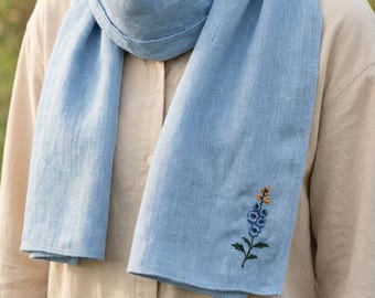 Embroidered Linen Scarf | Floral Monogram Headwrap, Fairy Shawl