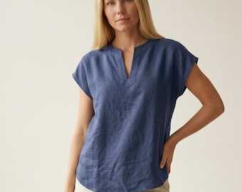 Cap Sleeve Organic Linen Top, V Neck Summer Blouse, Handmade Linen Shirt, Organic Flax Blouse, Custom Color Linen Top, Gift for Her