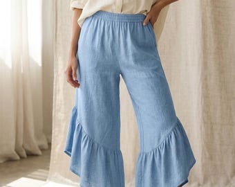 Ruffled Hem Linen Culottes, Elastic Waist Wide Leg Crop Pants, High Waisted Wide Leg Trousers, Summer Lounge Pants