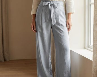 Wide-Leg Linen Pants with Belt | Relaxed Summer Palazzo Trousers | Christmas Gift for Her