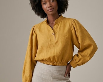Cropped Linen Blouse, Puff Sleeve, Minimalist Style, GOTS Certified European Linen
