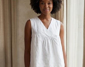 Linen Simple V-Neck Top- Classic Natural Blouse- Organic Linen Tank Top- Fitted Blouse Women-Sleeveless Breathable Summer Blouse