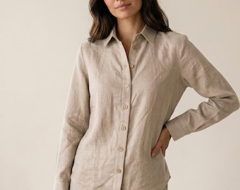 Bluse aus Bio-Leinen (europäischer Stil), Knopfleiste, lockere Passform, lange Ärmel | Weihnachtsgeschenk für Sie