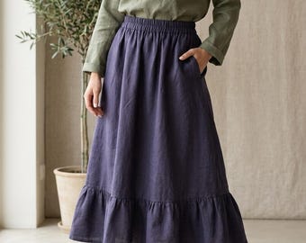 Organic European Flax Linen Tiered Maxi Skirt, Elastic Waist, Ruffled Hem