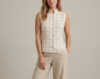 Linen Sleeveless Top for Women, Mandarin Collar Linen Vest, Button Down Linen Blouse, High Neck Linen Top