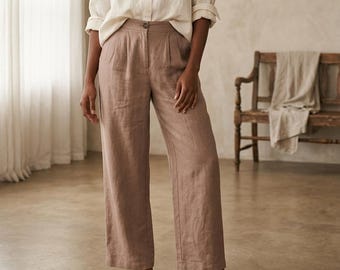 High Waisted Linen Trousers, Pleated Summer Pants, Button Detail Trousers, Relaxed Fit Linen Pants