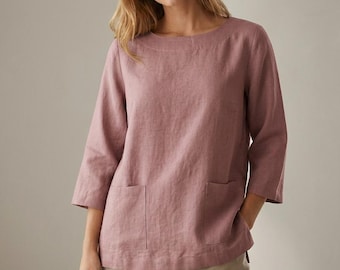 Linen Blouse with Pockets – Boat-Neck, 3/4 Sleeve Top | Christmas Gift for Her