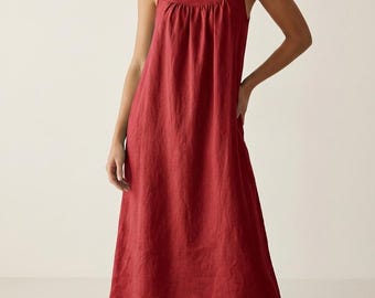 Organic Linen Midi Dress, Sleeveless Square Neck Sundress, Japandi Style, Christmas Gift for Her