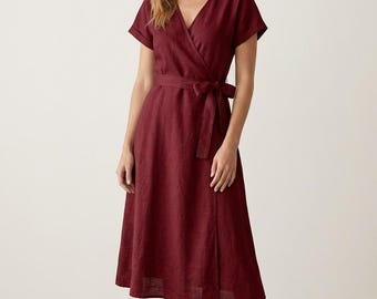 Organic Linen Wrap Midi Dress, V-Neck, Short Sleeve, Pockets