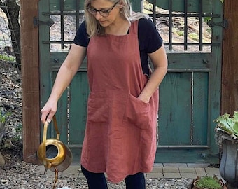 Cross Back linnen schort voor Moederdag met zakken | Handgemaakte omkeerbare elegantie voor vrouwen zonder stropdassen | Moederdagcadeau voor haar