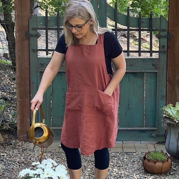 Cross Back linnen schort voor Moederdag met zakken | Handgemaakte omkeerbare elegantie voor vrouwen zonder stropdassen | Moederdagcadeau voor haar