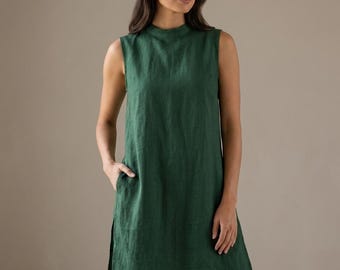 Sleeveless High Neck Linen Tunic Dress with Side Slits