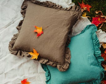 Handmade Ruffled Linen Pillow Sham: Farmhouse Style Pillow Cover, Mothers Day Gift for Her
