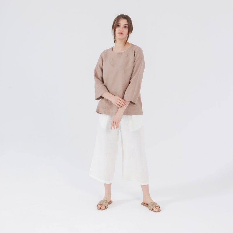 MAMA Linen Tunic with POCKETS and Long Sleeves, Plain Linen Blouse in Taupe color, 100% Natural Linen Mothers Day Gift for Her image 8