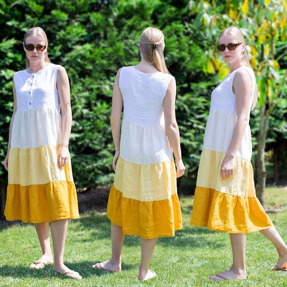 Linen Tiered Dress | Handmade Sleeveless Midi with Coconut Buttons | Mothers Day Gift for Her