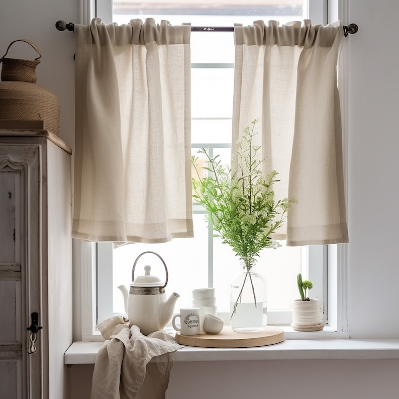 a kitchen window with a potted plant and a teapot Natural European Linen Curtain