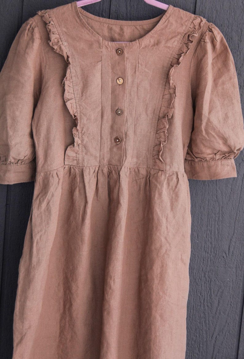 Ruffled Linen Midi Dress, Puff Sleeves, Adjustable Waist | Christmas Gift for Her image 8