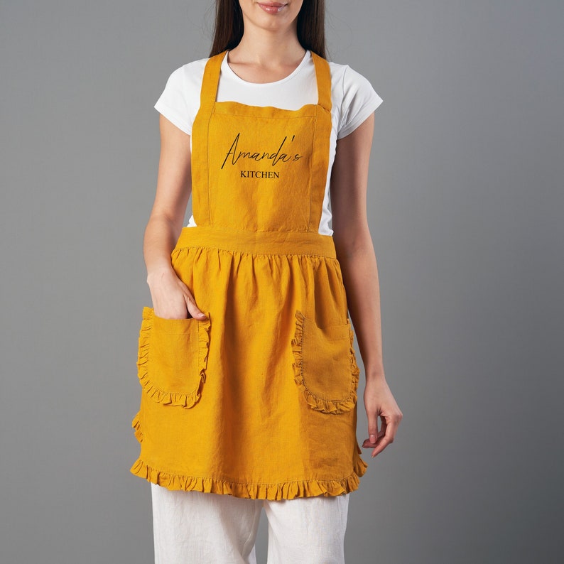 Practical Custom Linen Apron with Ruffle Detail and Roomy Pockets in 41 Colors Customizable and Suitable for All Sizes Mom Gift for Her image 6