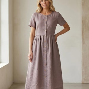 Organic Linen Midi Dress – Button-Up, Short Sleeve, Pockets, Tie Back