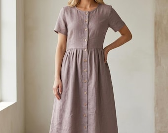 Organic Linen Midi Dress – Button-Up, Short Sleeve, Pockets, Tie Back