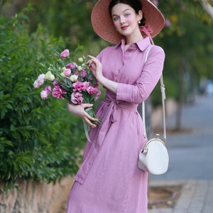 Casual Collared Linen Shirt Dress with Button Front in 41 Color Options: Collared, 3/4 Sleeve, Relax Fit, with Belt, Pockets - Gifts for Mom