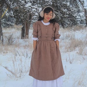 Ruffled Linen Midi Dress, Puff Sleeves, Adjustable Waist | Christmas Gift for Her image 2