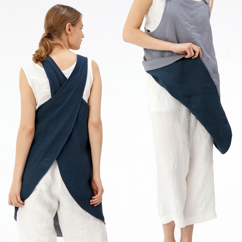 Cross Back Linen Apron with Pockets | Reversible 2 Color Japan Linen Apron with No Ties | Mothers Day Gift | Gift for Her - 1058