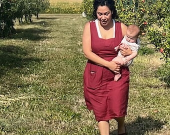 Handmade Linen Midi Dress: Square Neck Pinafore with Pockets, Christmas Gift for Her