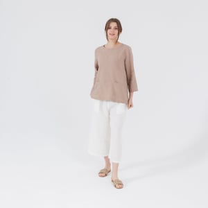 MAMA Linen Tunic with POCKETS and Long Sleeves, Plain Linen Blouse in Taupe color, 100% Natural Linen Mothers Day Gift for Her image 9