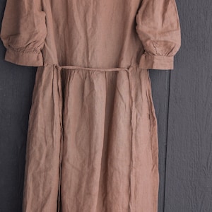RUFFLED Front LINEN DRESS with Puffed Sleeves, Button Front, Midi-Length Skirt, Adjustable Waist Tie 100% Natural linen 41 Color option image 6