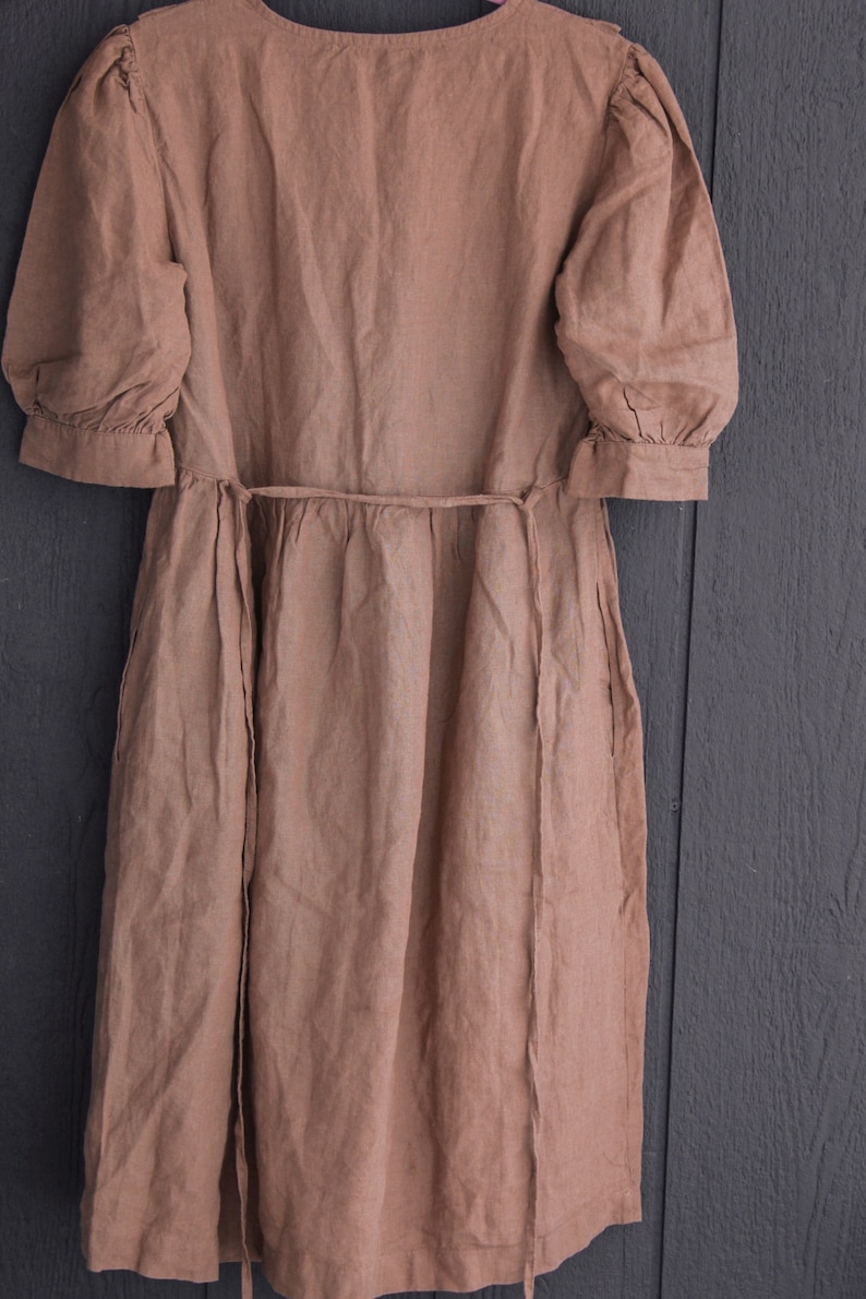 RUFFLED Front LINEN DRESS with Puffed Sleeves, Button Front, Midi-Length Skirt, Adjustable Waist Tie 100% Natural linen 41 Color option image 6