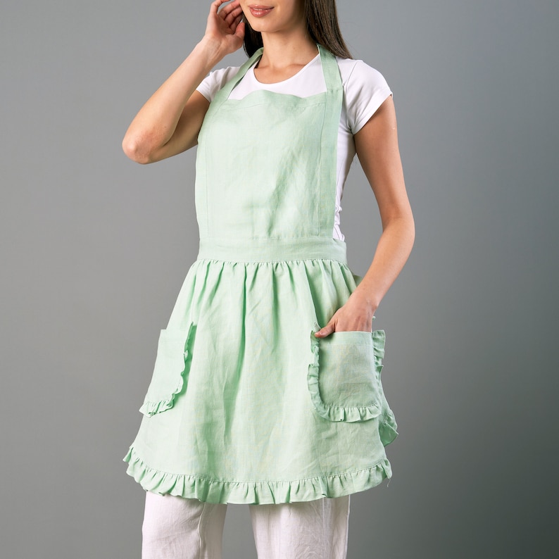 Practical Custom Linen Apron with Ruffle Detail and Roomy Pockets in 41 Colors Customizable and Suitable for All Sizes Mom Gift for Her image 10