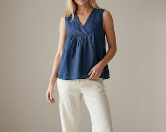 Top sencillo de lino con cuello en V - Blusa clásica natural - Camiseta sin mangas de lino orgánico - Blusa ajustada para mujer - Blusa transpirable sin mangas para verano