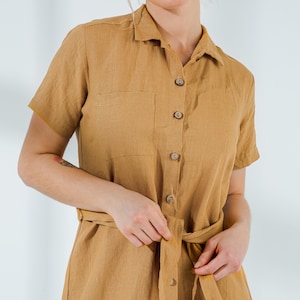 Vestido de linho - Vestido de camisa de linho com gola | Manga curta | Vestido de linho de verão com cinto | Presente de dia das mães para ela