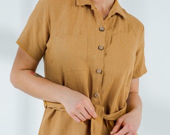 Linen Dress - Collared Linen Shirt Dress | Short Sleeve | Summer Linen Dress with Belt | Mothers Day Gift for Her