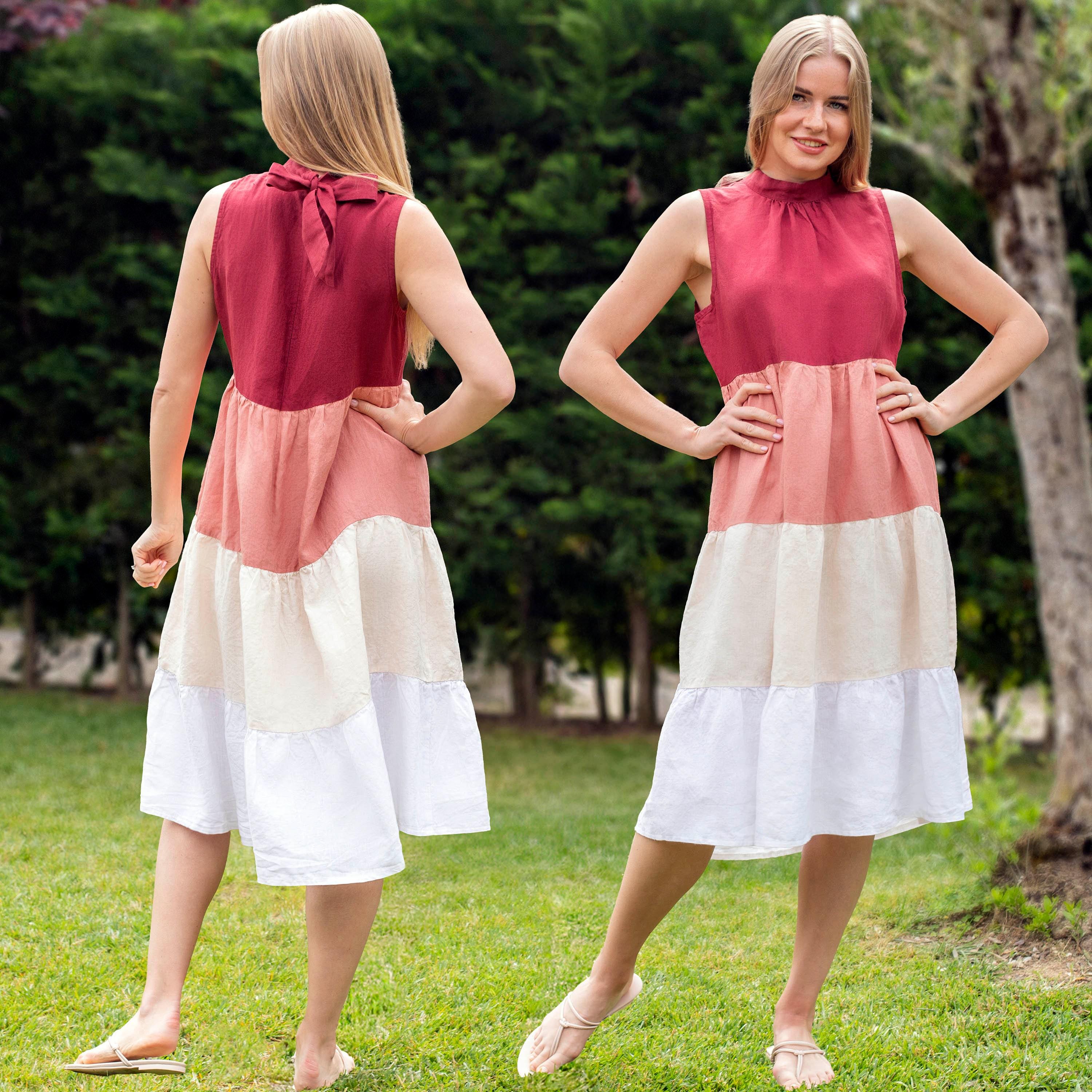 Sleeveless Multicolor Tiered Linen Dress with Neck Tie Back | Custom Block Linen Dress with Hidden Pockets, Mothers Day Gift for Her