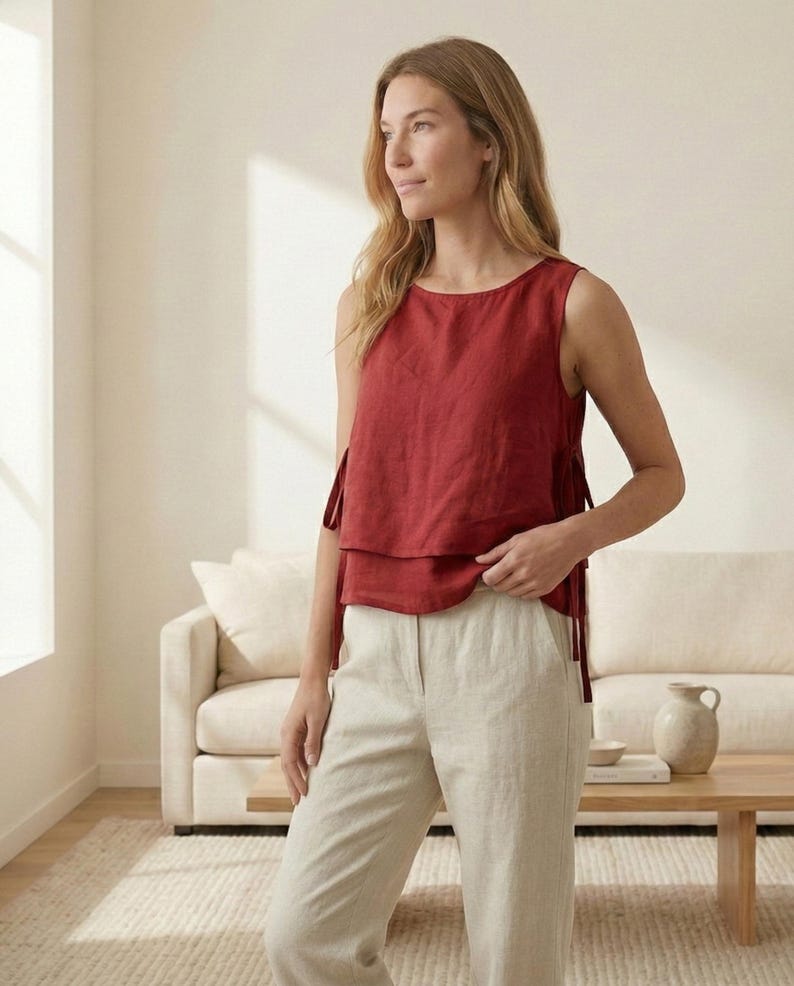Puede incluir: Un top sin mangas de color rojo ladrillo con lazos laterales y un dise&ntilde;o en capas. Combinado con pantalones de lino beige claro. El atuendo se usa en una habitaci&oacute;n bien iluminada con una paleta de colores neutros.