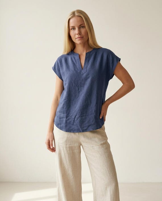 Cap Sleeve Linen Top, V Neck Summer Blouse, Linen Shirt, Organic Flax Blouse, Custom Color Linen Top, Gift for Her | Christmas Gift for Her
