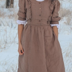 Ruffled Linen Midi Dress, Puff Sleeves, Adjustable Waist | Christmas Gift for Her image 3