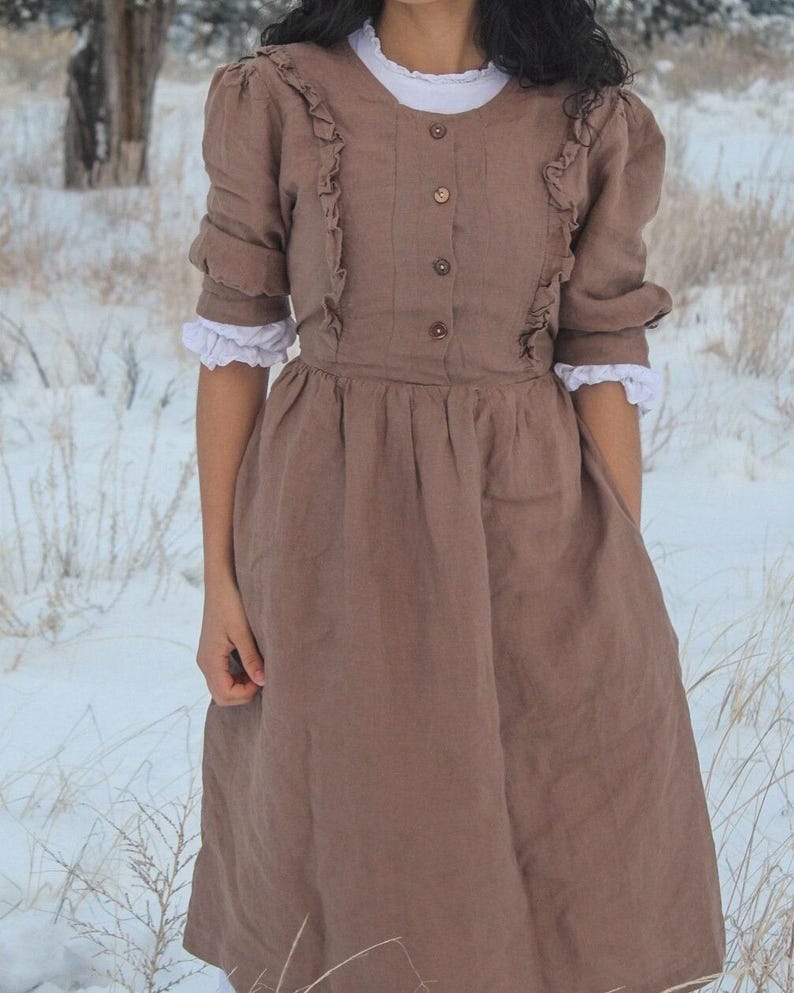 Ruffled Linen Midi Dress, Puff Sleeves, Adjustable Waist | Christmas Gift for Her image 3