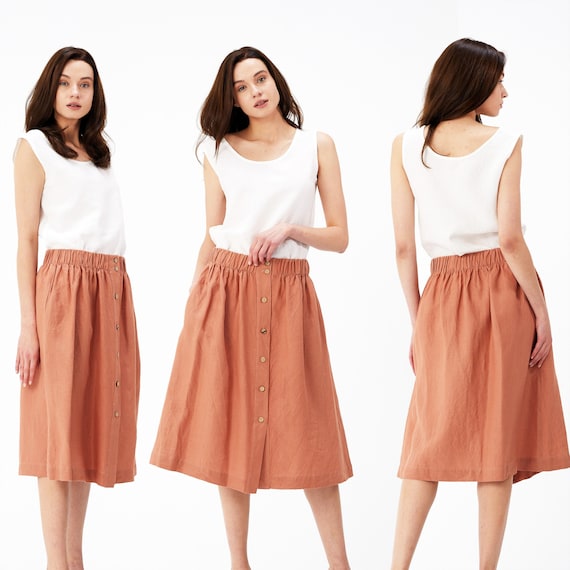 Front Button Linen Skirt With Pockets | Pleated Elastic
