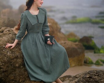 Linen Maxi Dress: Sailor Collar, Button Front, Adjustable Waist Christmas  Gift for Her