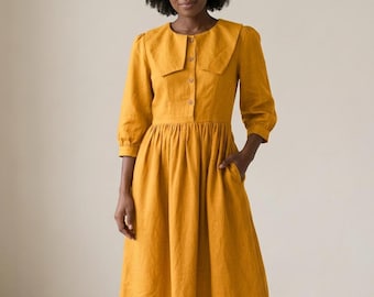 Vintage Sailor Collar Linen Dress, Button Front Linen Maxi Dress, Adjustable Back Tie Linen Dress