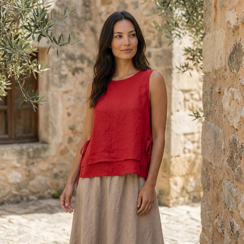 Puede incluir: Una blusa sin mangas de lino rojo con un dise&ntilde;o en capas y lazos laterales. Se combina con una falda de lino beige. El conjunto es adecuado para climas c&aacute;lidos y ocasiones informales.