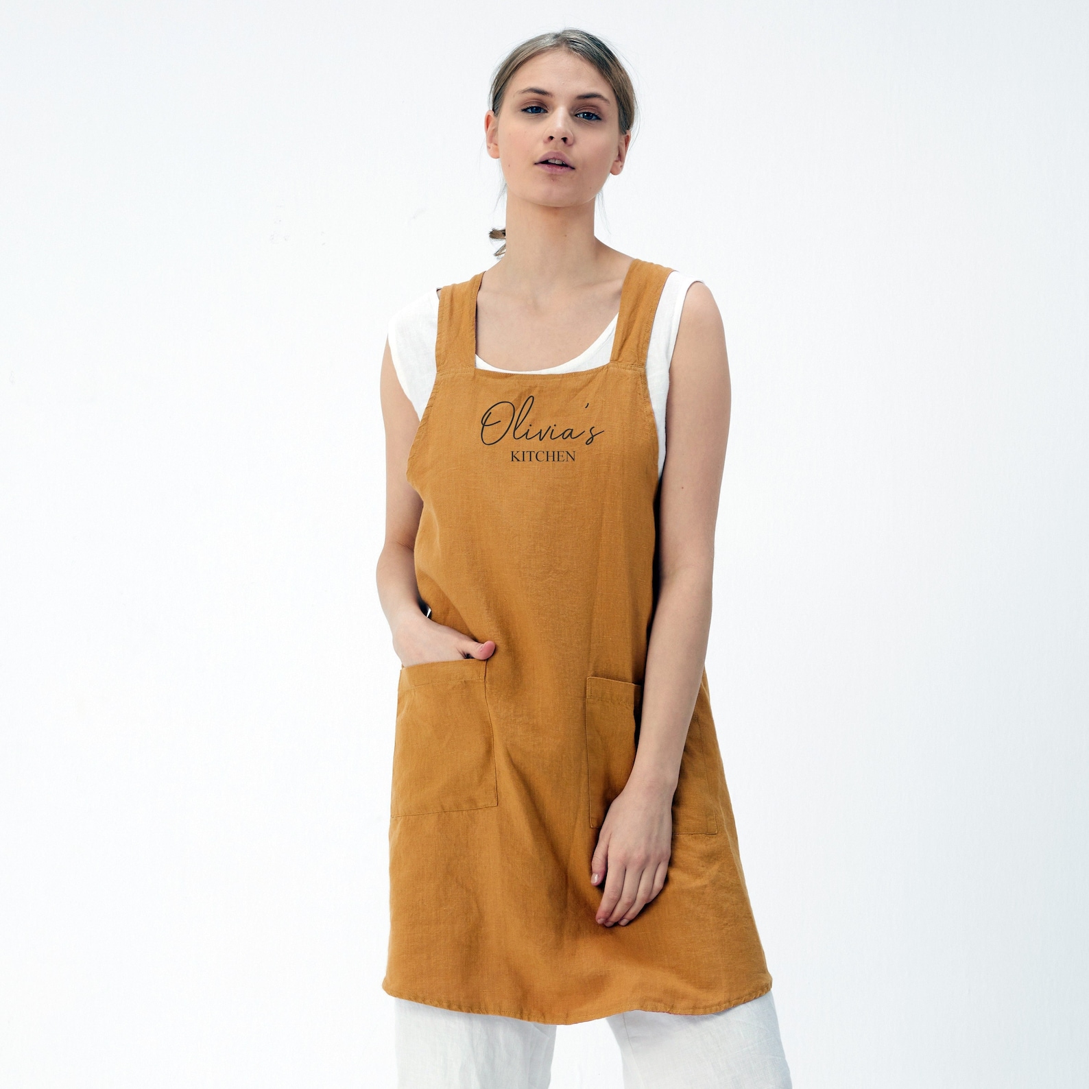 Personalized Reversible Cross Back Linen Apron with Pockets