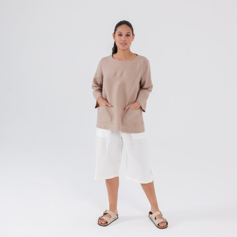 MAMA Linen Tunic with POCKETS and Long Sleeves, Plain Linen Blouse in Taupe color, 100% Natural Linen Mothers Day Gift for Her image 1