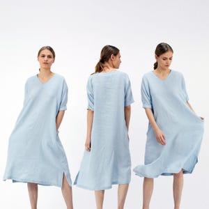 V Neck Linen Tunic Dress with Pockets | Half Sleeves Linen Tunic Dress, Relaxed Fit | Mothers Day Gift for Her