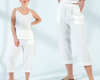 Pantalones de lino Mujeres con bolsillos / Vestido casual / Pantalones de lino Ajuste relajado / Pantalones de cintura elástica - Regalo del Día de las Madres para ella