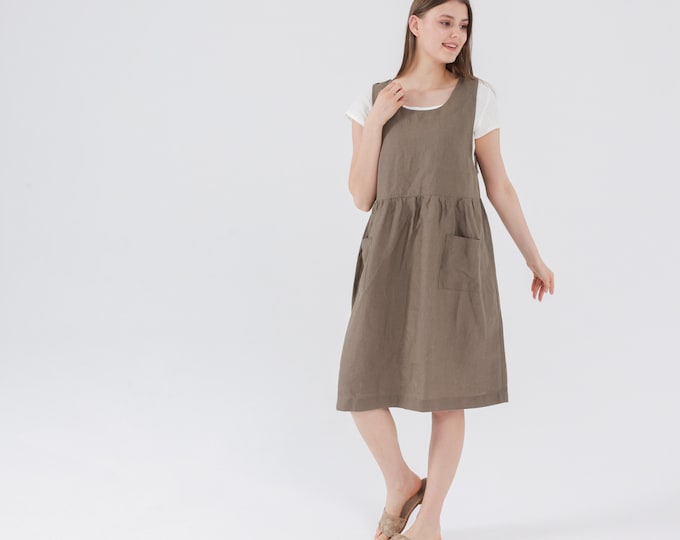Linen Pinafore Dress: Sleeveless Midi Apron with Pockets